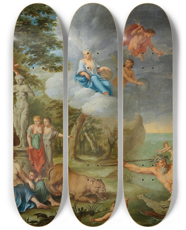 Triptych art skateboard deck of Peter Van Halen The Feast Of The Gods by Peter Van Halen (1612-1687)