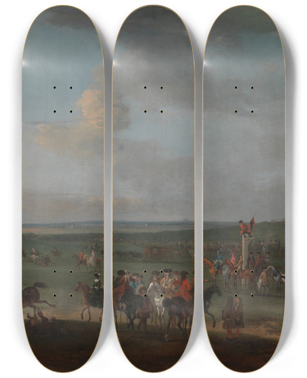 Triptych art skateboard deck of Peter Tillemans The Round Course At Newmarket Cambridgeshire Preparing For The Kings Plate by Peter Tillemans (1684-1734)