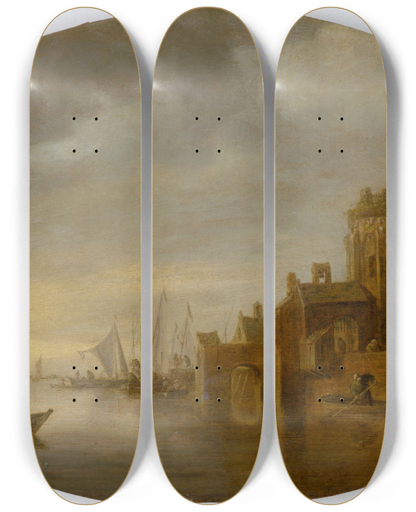 Triptych art skateboard deck of Jan Van Goyen Boats In Harbour by Jan Van Goyen (1596-1656)