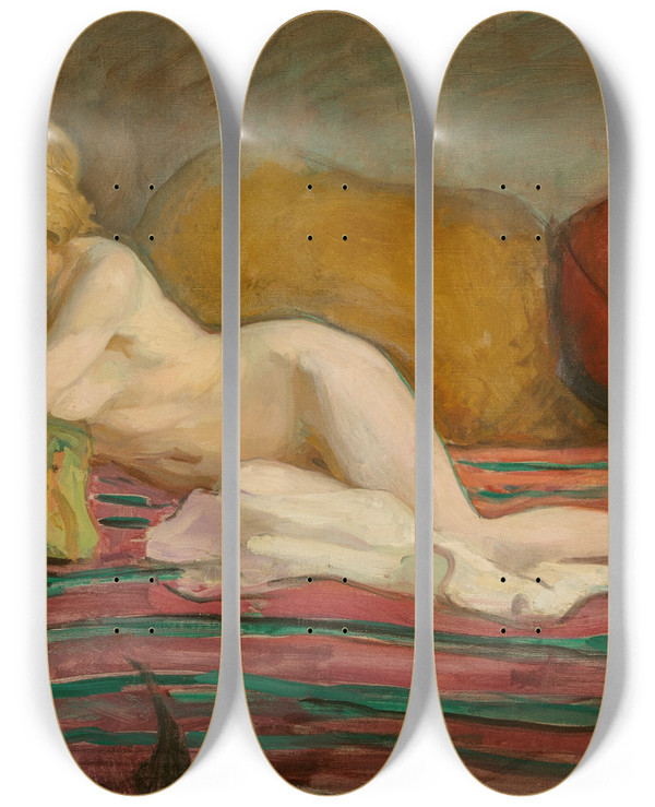 Triptych art skateboard deck of Henri Lebasque Nu Au Divan by Henri Lebasque (1865-1937)