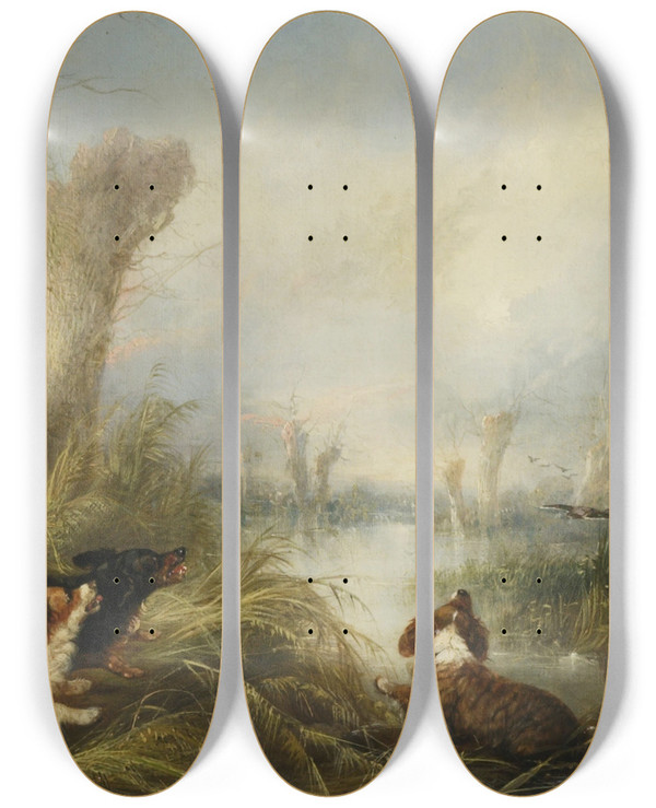 Triptych art skateboard deck of George Armfield Three Spaniels In A Marsh by George Armfield (1808-1893)