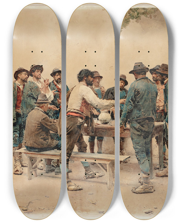 Triptych art skateboard deck of Gustavo Simoni Morraspieler by Gustavo Simoni (1845-1926)