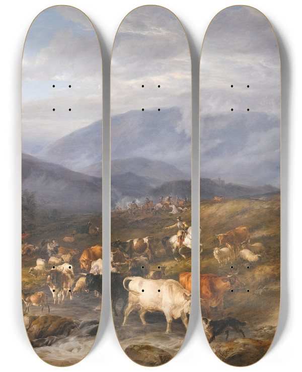 Triptych art skateboard deck of Thomas Sidney Cooper An Intercepted Raid Ettrick Shepherd by Thomas Sidney Cooper (1803-1902)