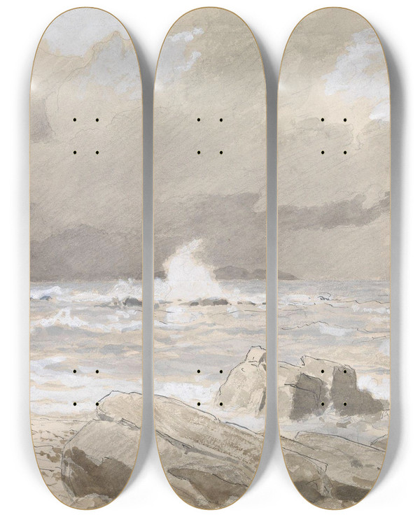 Triptych art skateboard deck of Hans Gude Breakers by Hans Gude (1825-1903)