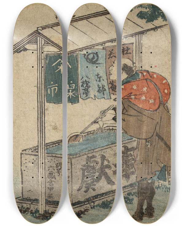 Triptych art skateboard deck of Katsushika Hokusai Ishiyakushi by Katsushika Hokusai (1760-1849)