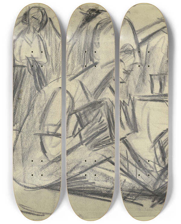 Triptych art skateboard deck of Ernst Ludwig Kirchner Handorgler Am Abend by Ernst Ludwig Kirchner (1880-1938)