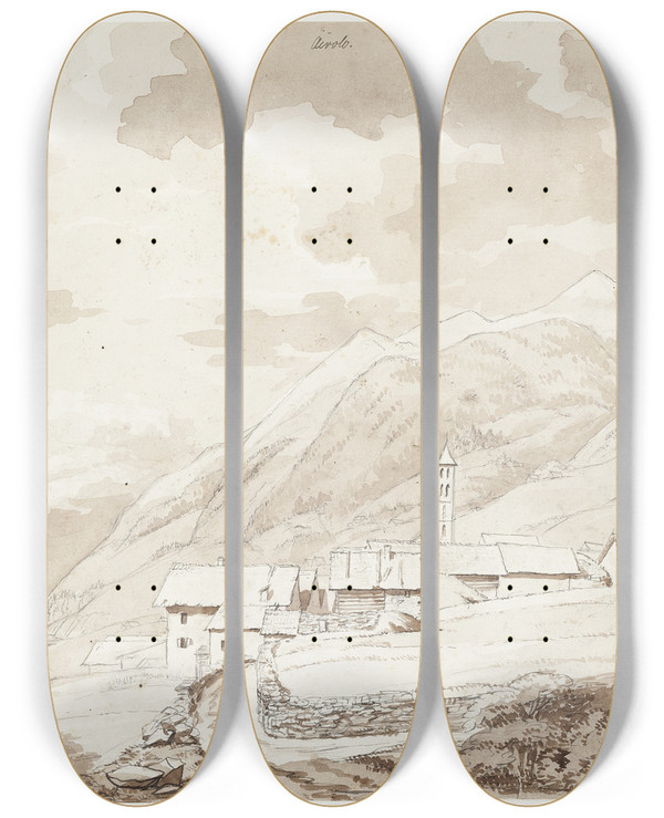 Triptych art skateboard deck of Johan Ludvig Lund Landsbyen Airolo I Alperne_2 by Johan Ludvig Lund (1777-1867)