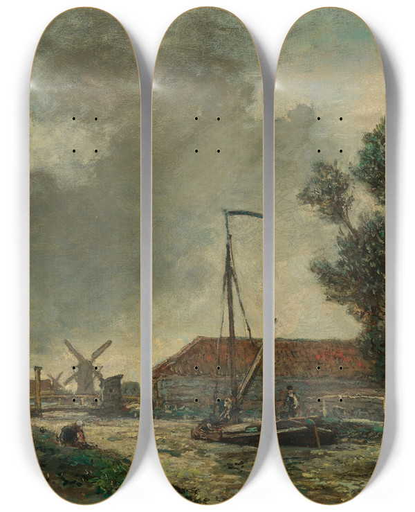 Triptych art skateboard deck of Johan Barthold Jongkind La Passerelle Hollande by Johan Barthold Jongkind (1819-1891)