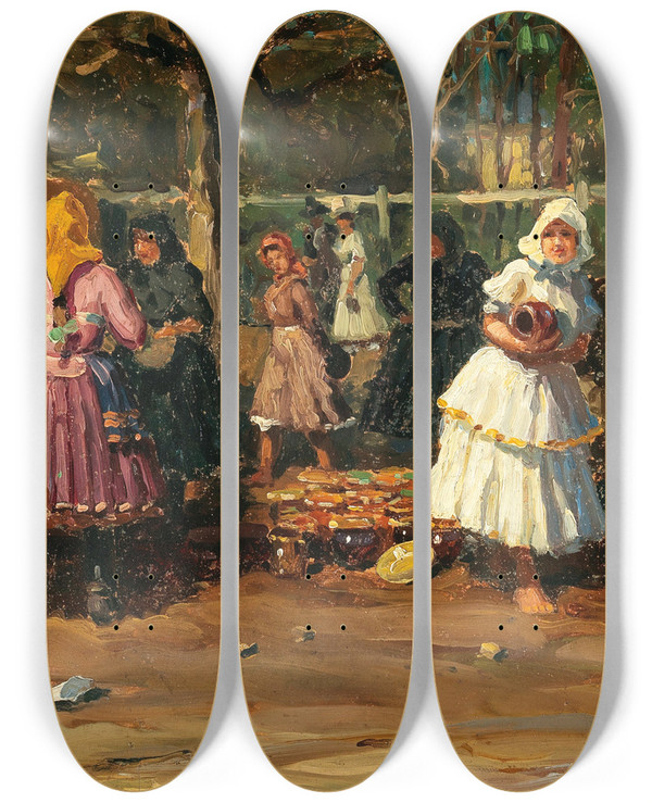 Triptych art skateboard deck of Tivadar Josef Mousson At The Pottery Market by Tivadar Josef Mousson (1887-1946)