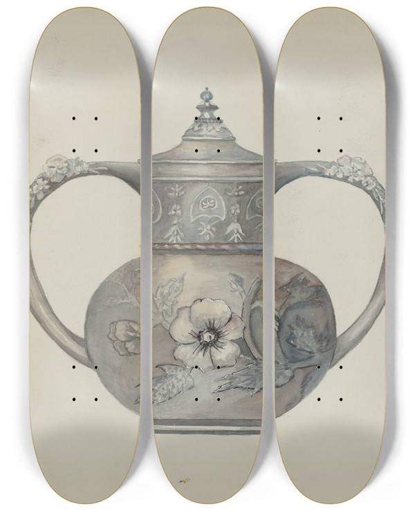 Triptych art skateboard deck of Beulah Bradleigh Pewter Tea Set by Beulah Bradleigh