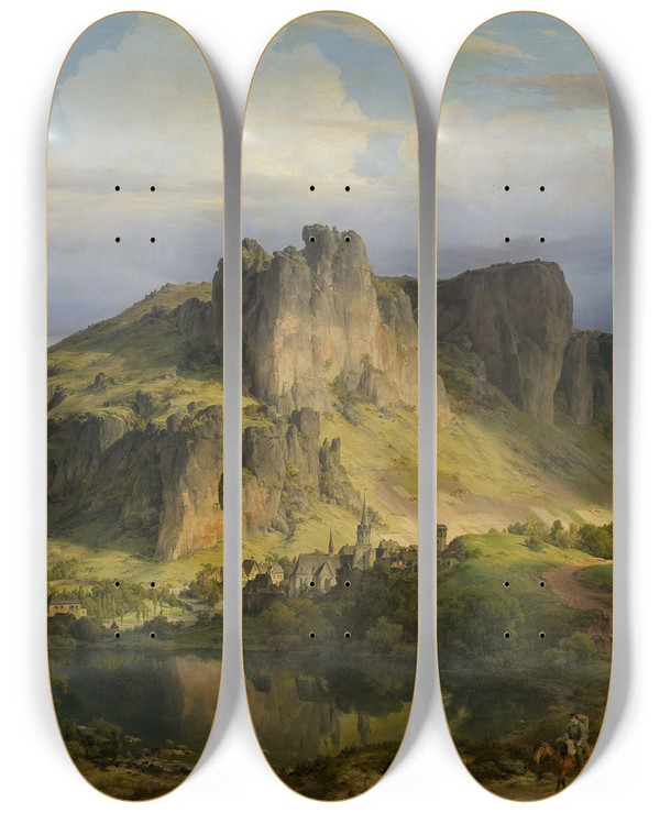Triptych art skateboard deck of Karl Friedrich Lessing Landscape From The Eifel Mountains by Karl Friedrich Lessing (1808-1880)