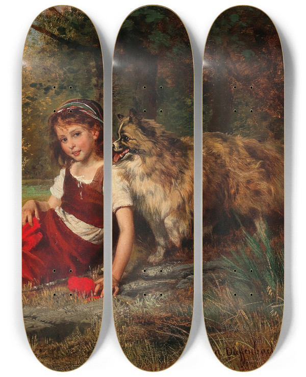 Triptych art skateboard deck of Anton Dieffenbach Gnsemagd Bei Der Rast by Anton Dieffenbach (1831-1914)