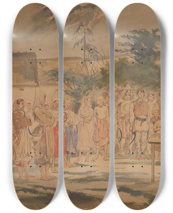 Triptych art skateboard deck of Jacek Malczewski Peasants Waiting For Payment by Jacek Malczewski (1854-1929)
