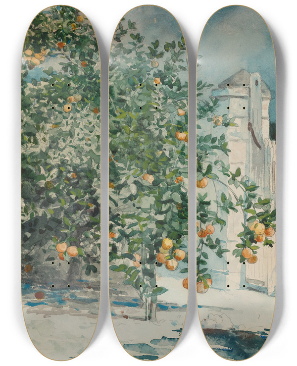 Triptych art skateboard deck of Winslow Homer Orange Trees And Gate by Winslow Homer (1836-1910)