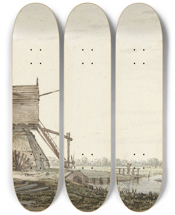 Triptych art skateboard deck of Jacob Van Strij Landschap Met Poldermolen by Jacob Van Strij (1756-1815)