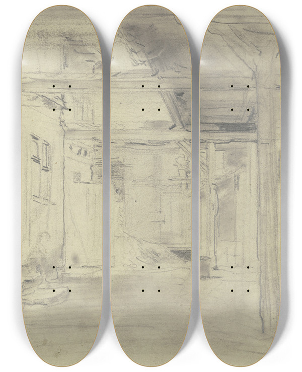 Triptych art skateboard deck of Anton Burger Blick In Den Hof Eines Bauernhauses by Anton Burger (1824-1905)