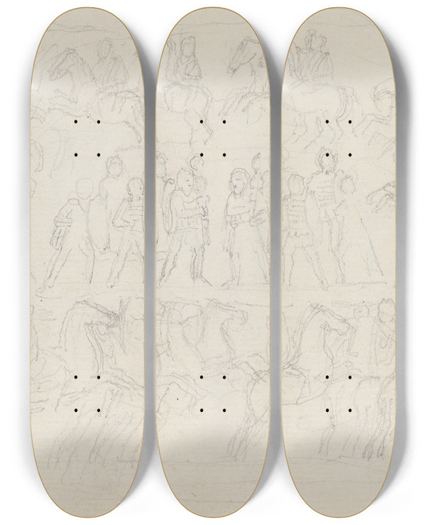 Triptych art skateboard deck of John Flaxman Decursio Scene Column Of Antonius Pius Piazza Montecitorio Rome by John Flaxman (1755-1826)