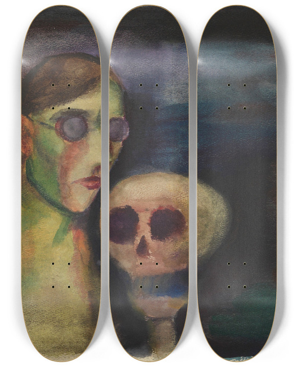 Triptych art skateboard deck of Karl Wiener Selbstportrt Mit Dem Tod by Karl Wiener (1901-1949)