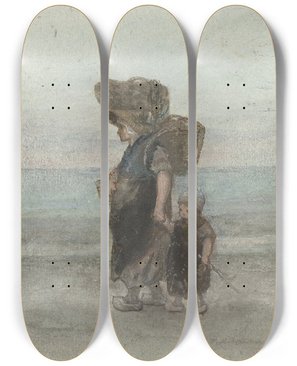 Triptych art skateboard deck of Jozef Israls Vrouw Met Kind Lopend Over Het Strand by Jozef Israels (1824-1911)