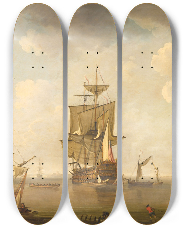 Triptych art skateboard deck of Charles Brooking Men Of War In Harbour by Charles Brooking (1723-1759)
