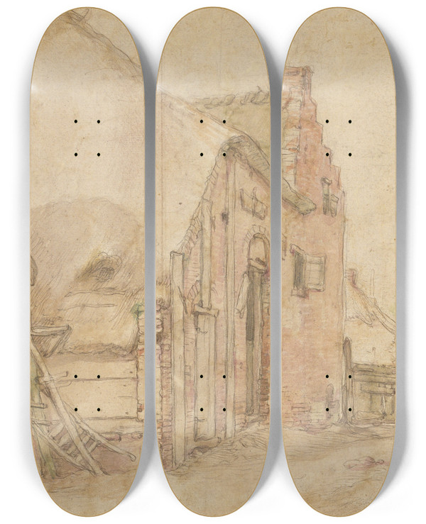 Triptych art skateboard deck of Abraham Bloemaert View Of A Farm Courtyard by Abraham Bloemaert (1564-1651)
