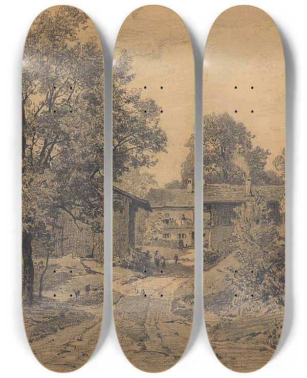 Triptych art skateboard deck of Josef Willroider Dorf by Josef Willroider (1838-1915)