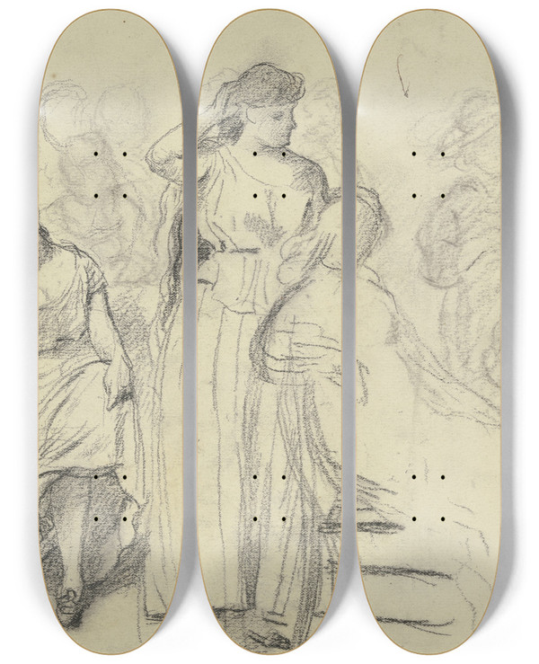 Triptych art skateboard deck of Otto Scholderer Sitzende Und Stehende Aus Der Vorbereitung Zum Kostmball_4 by Otto Scholderer (1834-1902)