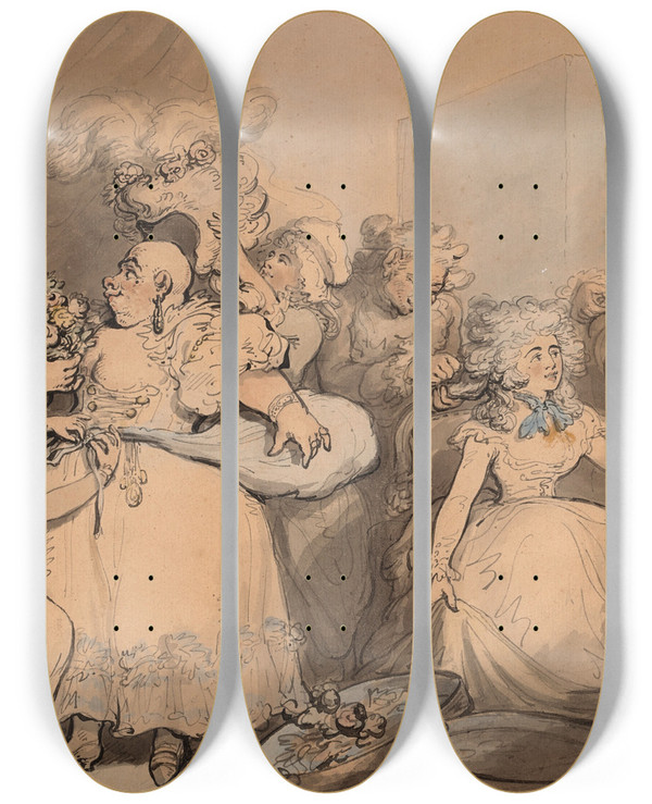 Triptych art skateboard deck of Thomas Rowlandson Dressing For A Birthday by Thomas Rowlandson (1756-1827)