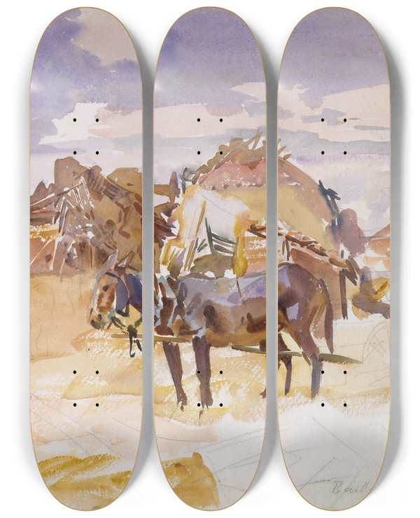 Triptych art skateboard deck of John Singer Sargent Mules And Ruins by John Singer Sargent (1856-1925)