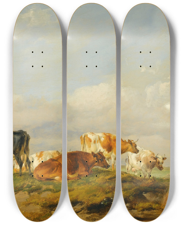 Triptych art skateboard deck of Thomas Sidney Cooper Cattle In A Kent Meadow by Thomas Sidney Cooper (1803-1902)