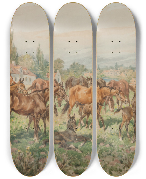 Triptych art skateboard deck of Juliusz Kossak Stud On A Meadow by Juliusz Kossak (1824-1899)
