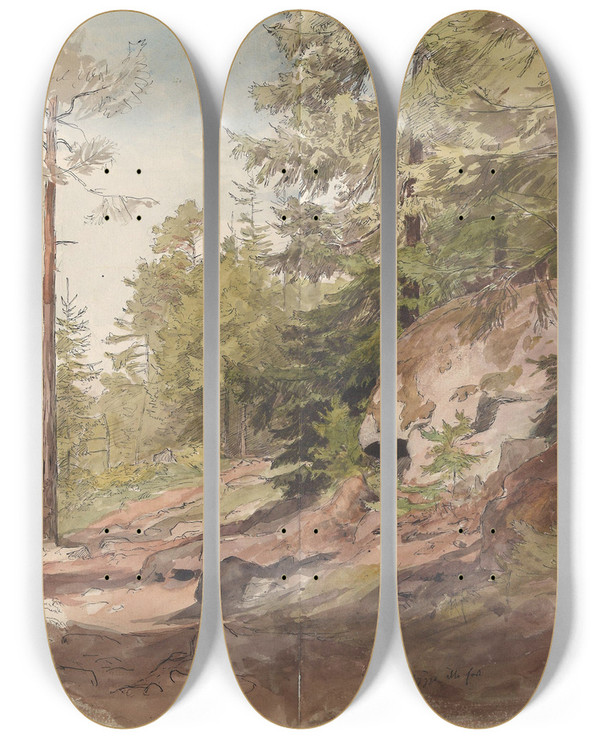 Triptych art skateboard deck of Hans Gude Skogsinterir Sarabrten_2 by Hans Gude (1825-1903)
