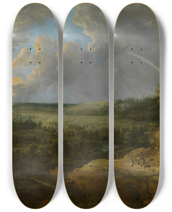 Triptych art skateboard deck of Lucas Van Uden Landscape With A Rainbow by Lucas Van Uden (1595-1672)