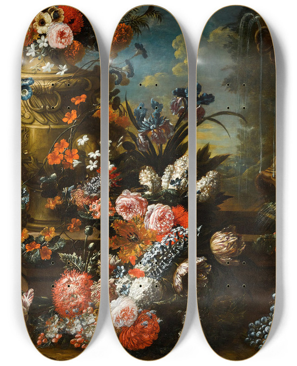 Triptych art skateboard deck of Jan Baptist Bosschaert A Stone Urn On Steps Decorated With Flowers And Fruit Beside A Dolphinheaded Fountain In An Extensive Landscape by Jan Baptist Bosschaert (1667-1746)