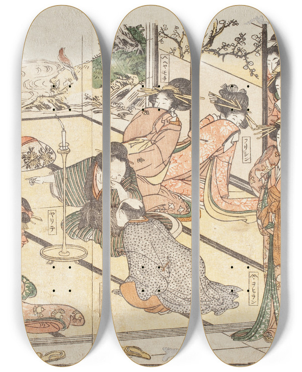 Triptych art skateboard deck of Kitagawa Utamaro Rules Of Conduct In The Pleasure Quarters by Kitagawa Utamaro (1753-1806)