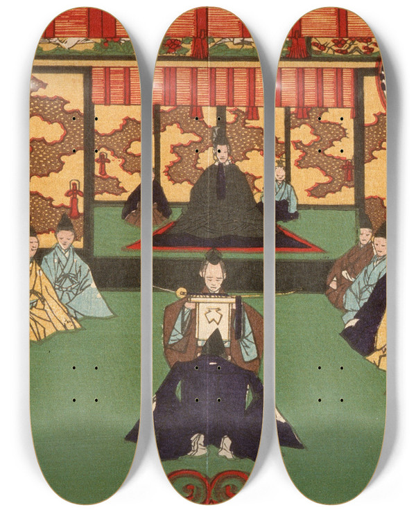 Triptych art skateboard deck of Tsukioka Yoshitoshi Tokugawa Iemitsu Receiving Lords In Audience by Tsukioka Yoshitoshi (1839-1892)
