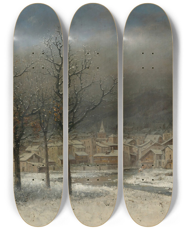 Triptych art skateboard deck of Cherubino Pat View Of Sion by Cherubino Pata (1827-1899)