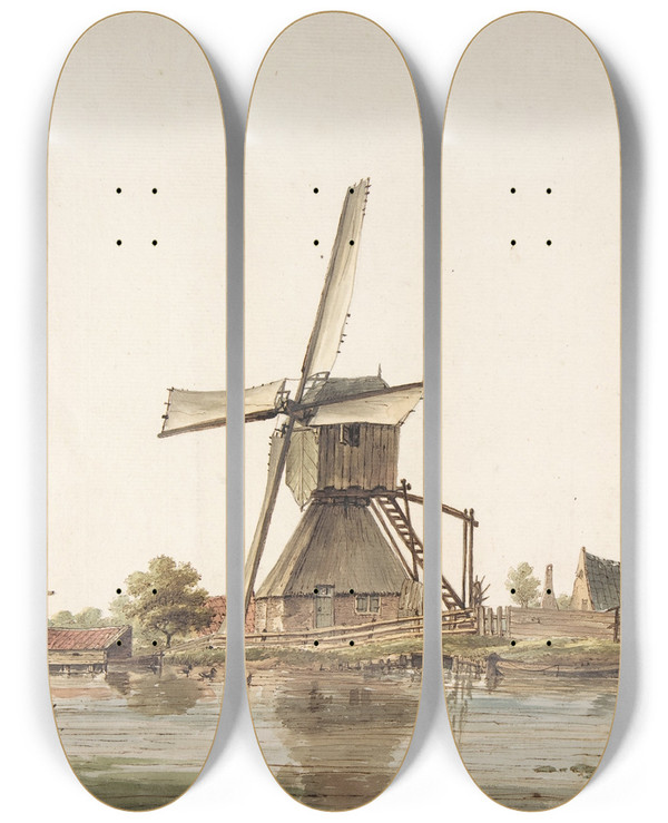 Triptych art skateboard deck of Anthonie Erkelens Landscape With Windmill by Anthonie Erkelens (1774-1804)