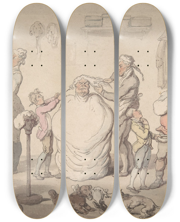 Triptych art skateboard deck of Thomas Rowlandson The Barbers Shop by Thomas Rowlandson (1756-1827)