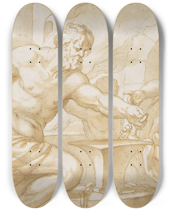 Triptych art skateboard deck of Domenico Piola Venus And Cupid In Vulcans Forge by Domenico Piola (1627-1703)