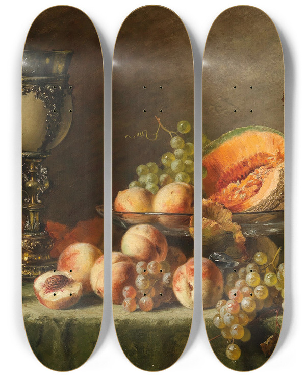 Triptych art skateboard deck of Julius Victor Carstens A Still Life With Peach Grapes And Pumpkin by Julius Victor Carstens (1849-1908)