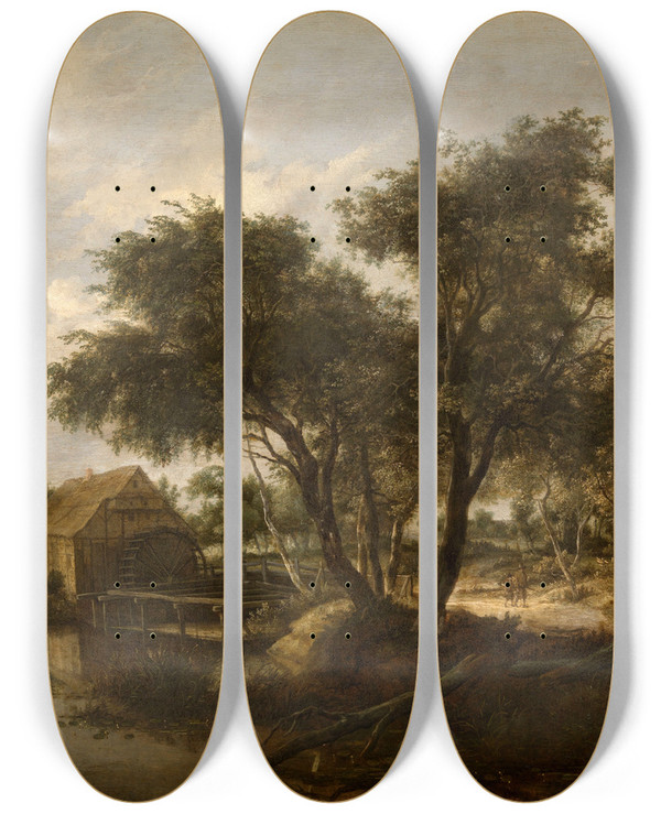 Triptych art skateboard deck of Meindert Hobbema Water Mill by Meindert Hobbema (1638-1709)