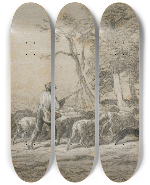 Triptych art skateboard deck of Charles Emile Jacque Shepherd And His Flock by Charles Emile Jacque (1813-1894)