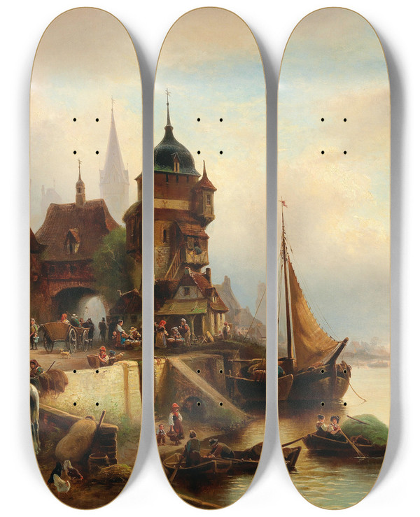 Triptych art skateboard deck of Wilhelm Alexander Meyerheim A Lively Scene In The Harbour by Wilhelm Alexander Meyerheim (1815-1882)