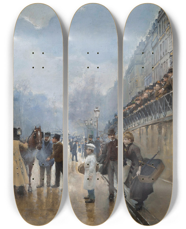 Triptych art skateboard deck of Jean Braud Laccident Porte Saintdenis by Jean Beraud (1849-1935)