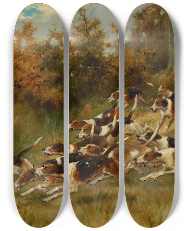 Triptych art skateboard deck of Thomas Blinks On The Scent by Thomas Blinks (1853-1912)