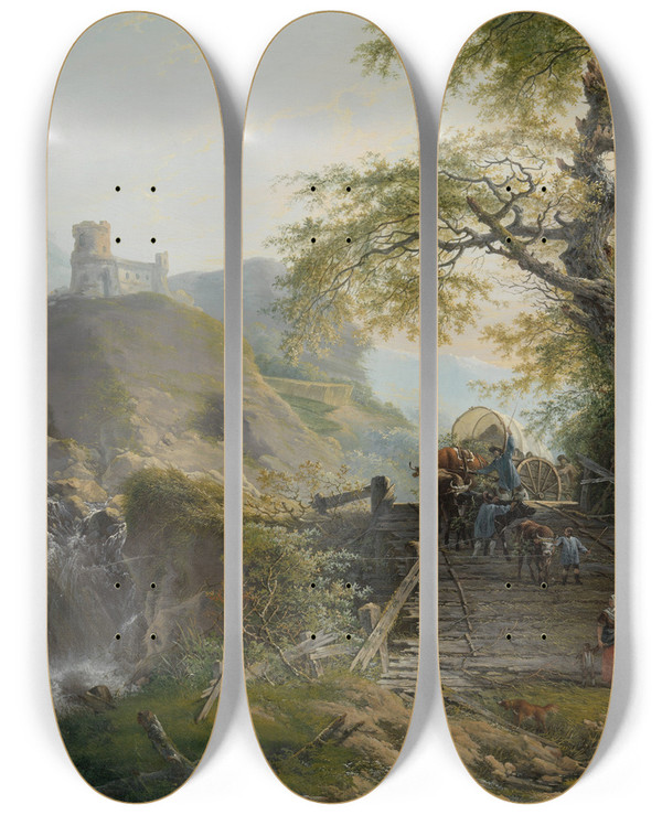 Triptych art skateboard deck of Gerard Van Nijmegen Mountainous Landscape Near Dsseldorf by Gerard Van Nijmegen (1735-1808)