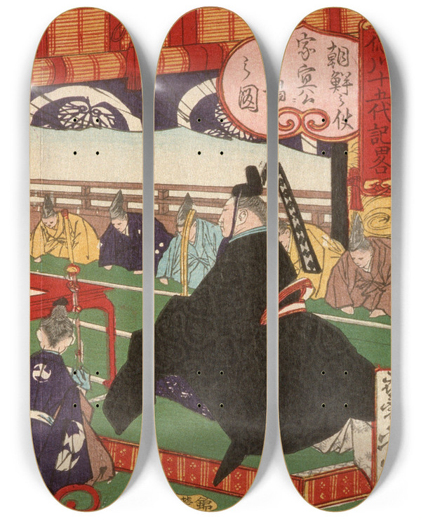 Triptych art skateboard deck of Tsukioka Yoshitoshi A Messenger From Korea In Audience With Tokugawa Ienobu by Tsukioka Yoshitoshi (1839-1892)