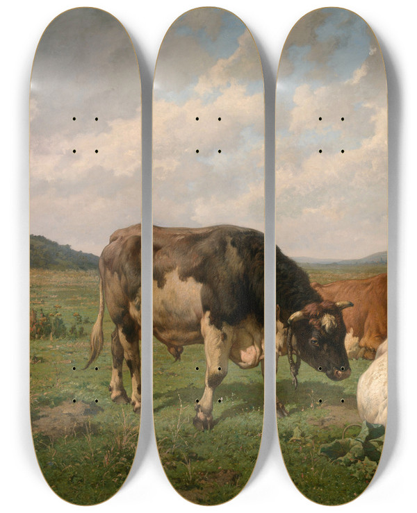 Triptych art skateboard deck of Louis Robbe Cattle In The Meadow by Louis Robbe (1806-1887)