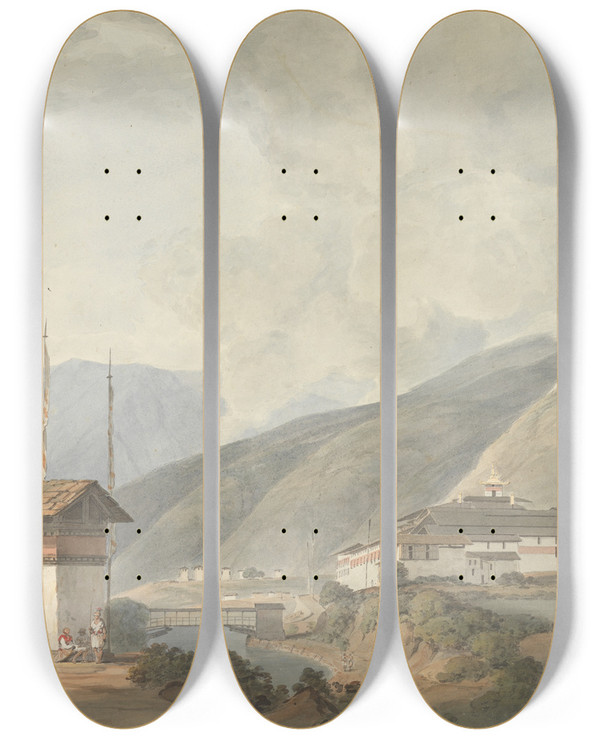Triptych art skateboard deck of Samuel Davis Tassisudon by Samuel Davis (1757-1819)